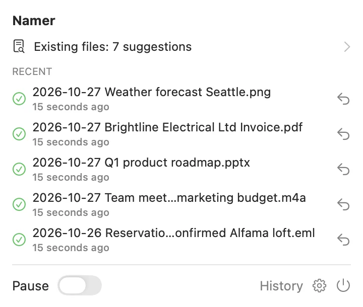 Namer’s menu bar menu listing recently renamed files.