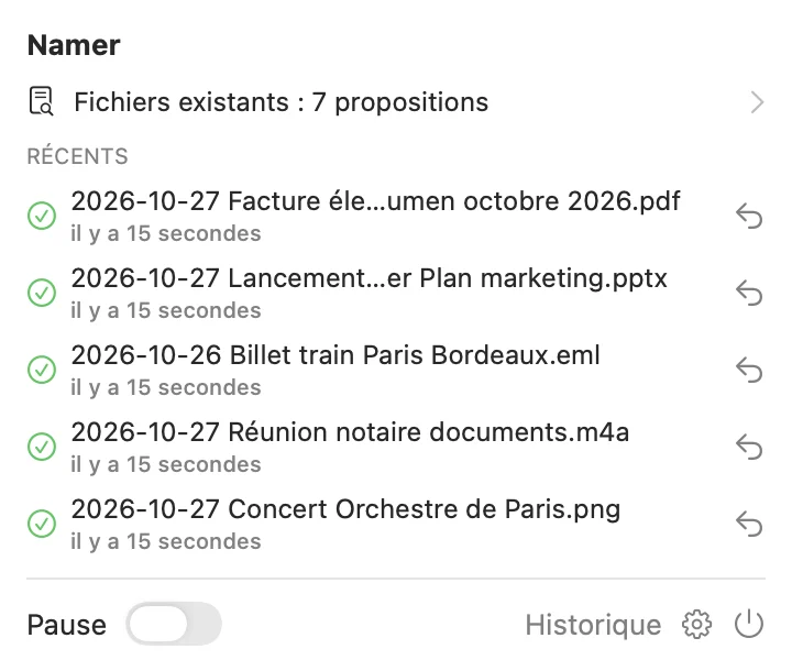 Menu de Namer dans la barre des menus, listant les fichiers renommés récemment.